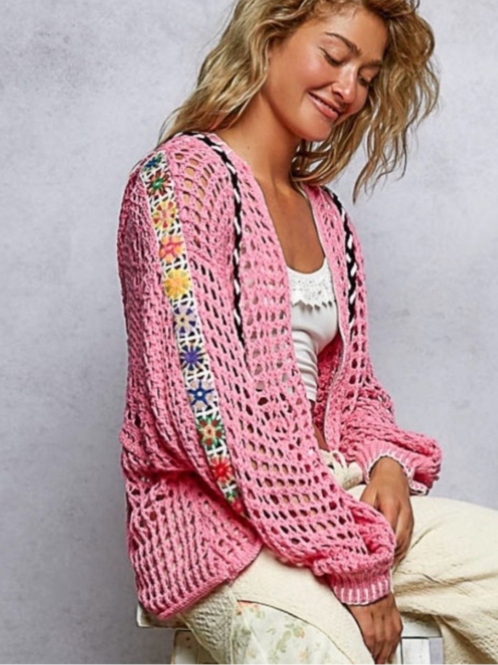 New POL Crochet Zip Front Cardigan Hoodie